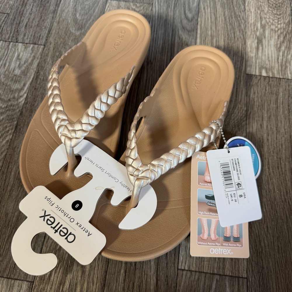 Aetrex Vicki Flip Flops Women Size 8 Champagne Gloss Braided Orthotic Sandals